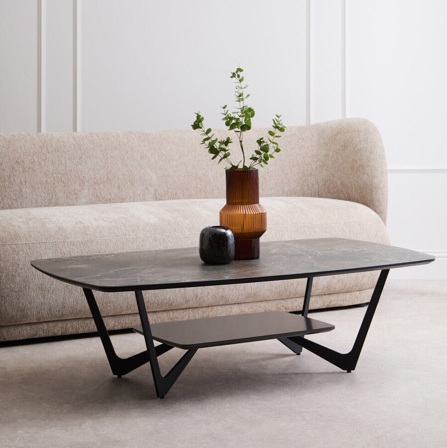 Grey Marble Effect Ceramic Top Coffee Table with Black Metal Legs and Lower Shelf, Imperia - Joe’s Haven