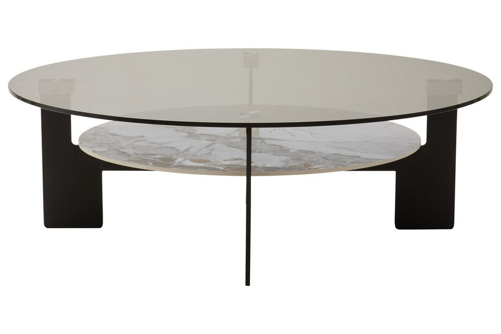 Grey Glass Large Round Top Coffee Table with Marble Effect Ceramic Lower Shelf and Black Metal Frame, Imperia - Joe’s Haven