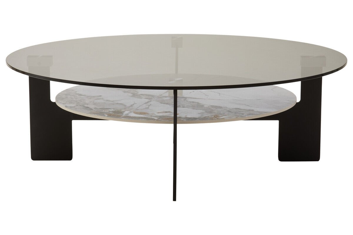 Grey Glass Large Round Top Coffee Table with Marble Effect Ceramic Lower Shelf and Black Metal Frame, Imperia - Joe’s Haven