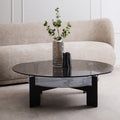 Grey Glass Large Round Top Coffee Table with Marble Effect Ceramic Lower Shelf and Black Metal Frame, Imperia - Joe’s Haven