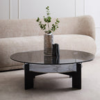 Grey Glass Large Round Top Coffee Table with Marble Effect Ceramic Lower Shelf and Black Metal Frame, Imperia - Joe’s Haven