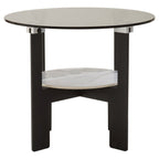Grey Glass Round Top Coffee Table with Marble Effect Ceramic Shelf and Black Metal Legs, Imperia - Joe’s Haven