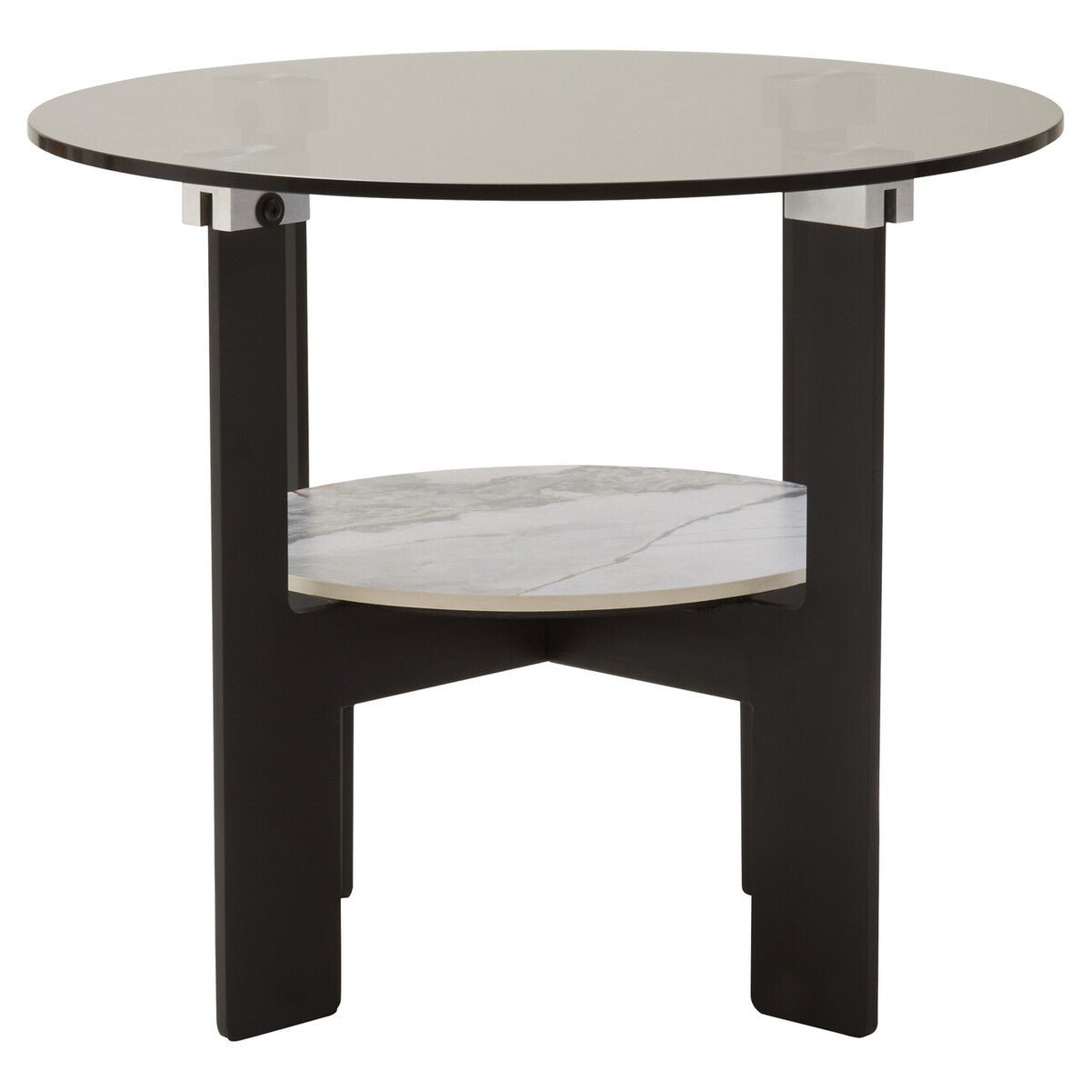 Grey Glass Round Top Coffee Table with Marble Effect Ceramic Shelf and Black Metal Legs, Imperia - Joe’s Haven