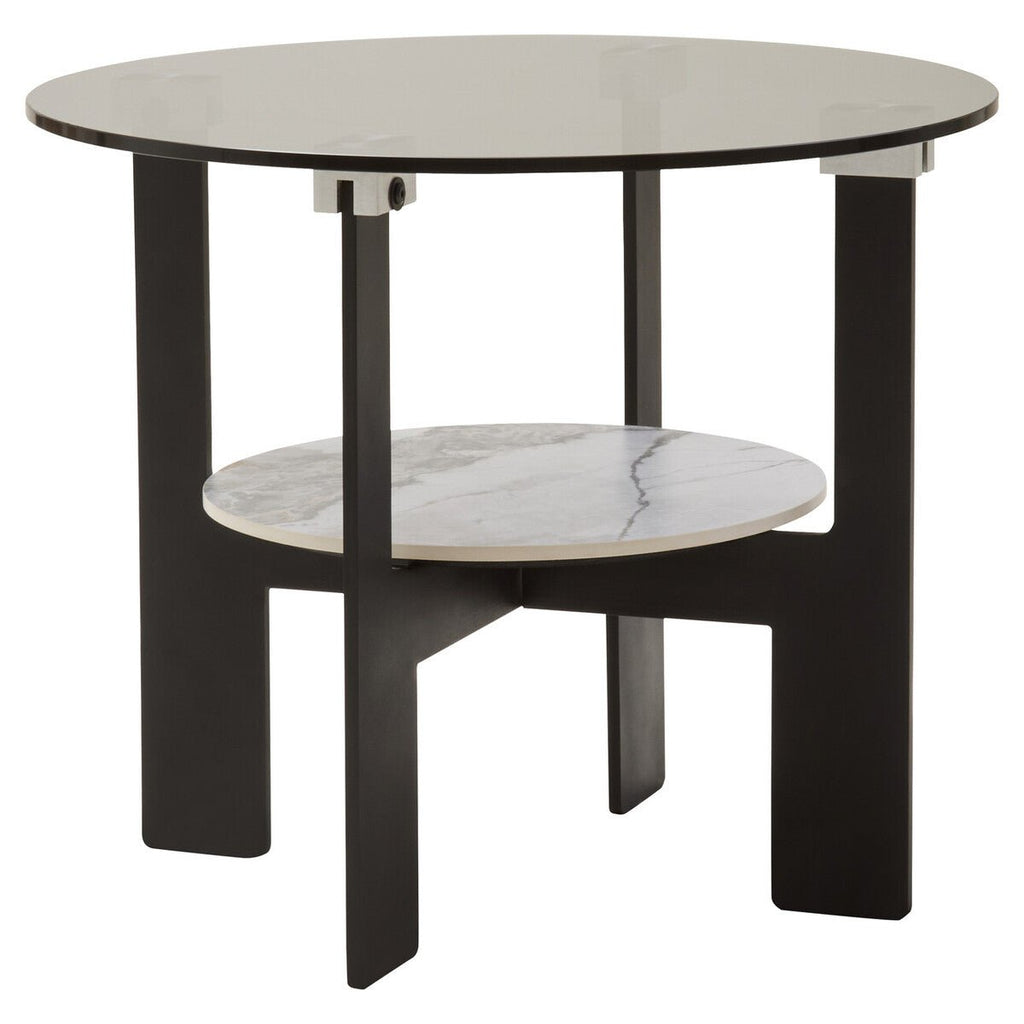 Grey Glass Round Top Coffee Table with Marble Effect Ceramic Shelf and Black Metal Legs, Imperia - Joe’s Haven