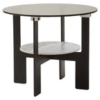 Grey Glass Round Top Coffee Table with Marble Effect Ceramic Shelf and Black Metal Legs, Imperia - Joe’s Haven