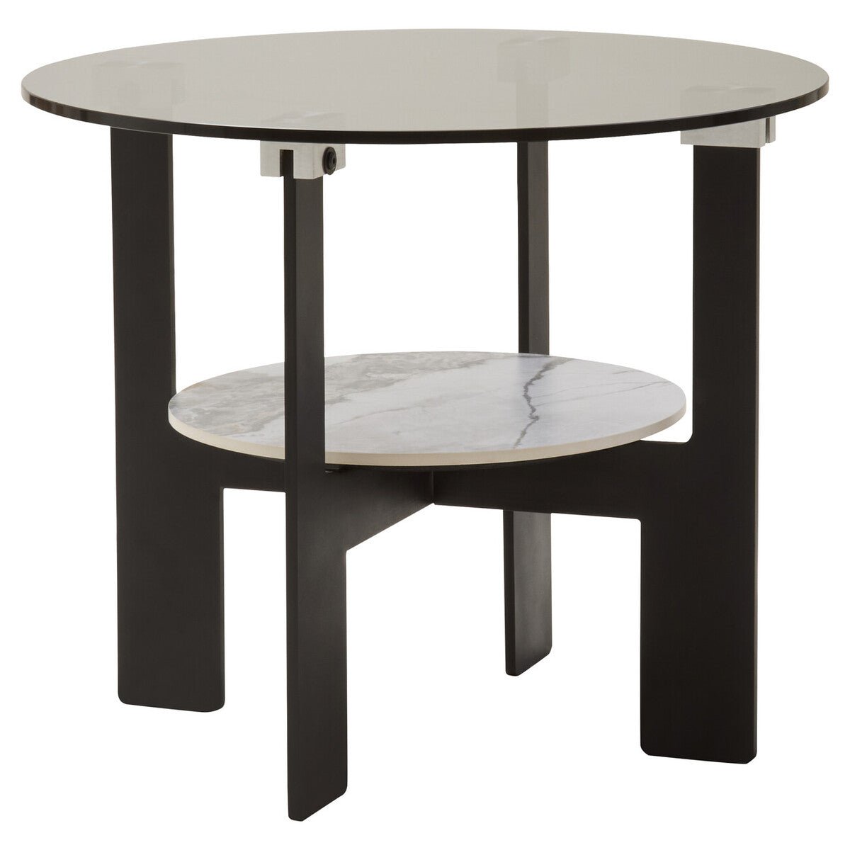 Grey Glass Round Top Coffee Table with Marble Effect Ceramic Shelf and Black Metal Legs, Imperia - Joe’s Haven