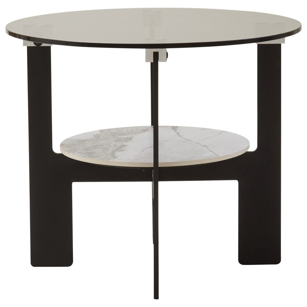 Grey Glass Round Top Coffee Table with Marble Effect Ceramic Shelf and Black Metal Legs, Imperia - Joe’s Haven