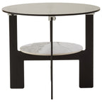 Grey Glass Round Top Coffee Table with Marble Effect Ceramic Shelf and Black Metal Legs, Imperia - Joe’s Haven