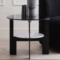 Grey Glass Round Top Coffee Table with Marble Effect Ceramic Shelf and Black Metal Legs, Imperia - Joe’s Haven