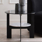 Grey Glass Round Top Coffee Table with Marble Effect Ceramic Shelf and Black Metal Legs, Imperia - Joe’s Haven