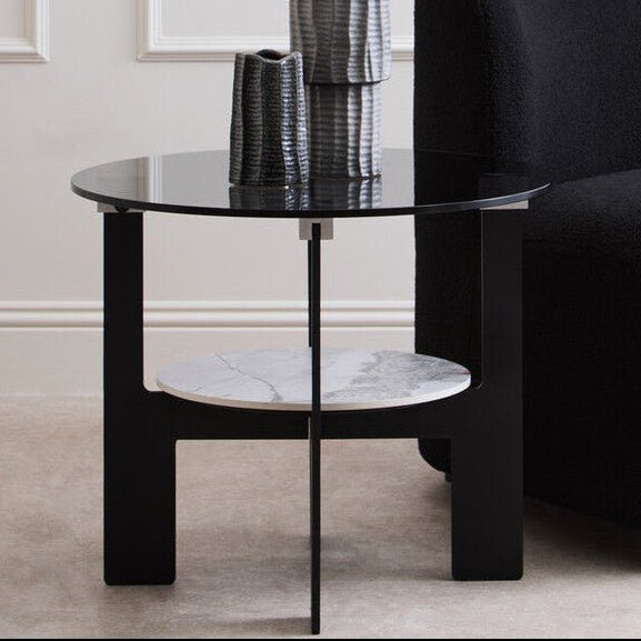 Grey Glass Round Top Coffee Table with Marble Effect Ceramic Shelf and Black Metal Legs, Imperia - Joe’s Haven