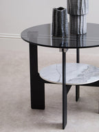 Grey Glass Round Top Coffee Table with Marble Effect Ceramic Shelf and Black Metal Legs, Imperia - Joe’s Haven
