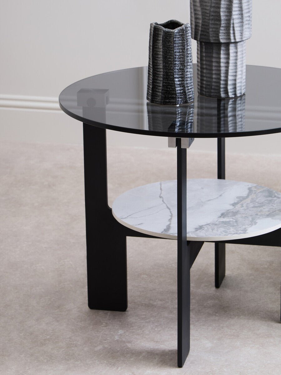Grey Glass Round Top Coffee Table with Marble Effect Ceramic Shelf and Black Metal Legs, Imperia - Joe’s Haven