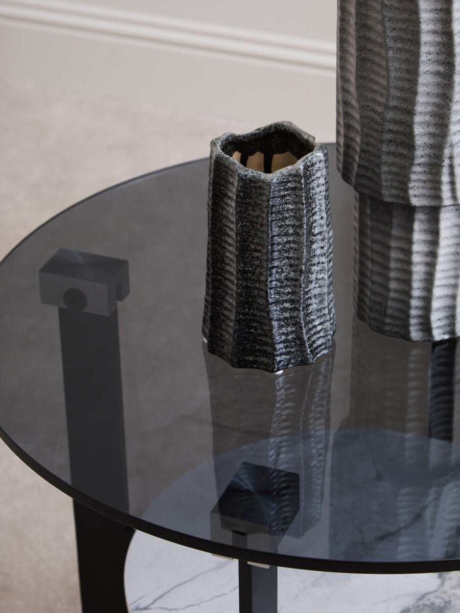 Grey Glass Round Top Coffee Table with Marble Effect Ceramic Shelf and Black Metal Legs, Imperia - Joe’s Haven