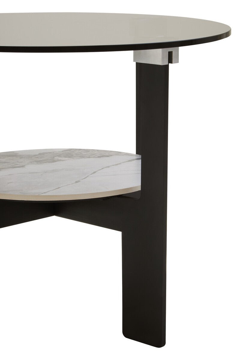Grey Glass Round Top Coffee Table with Marble Effect Ceramic Shelf and Black Metal Legs, Imperia - Joe’s Haven