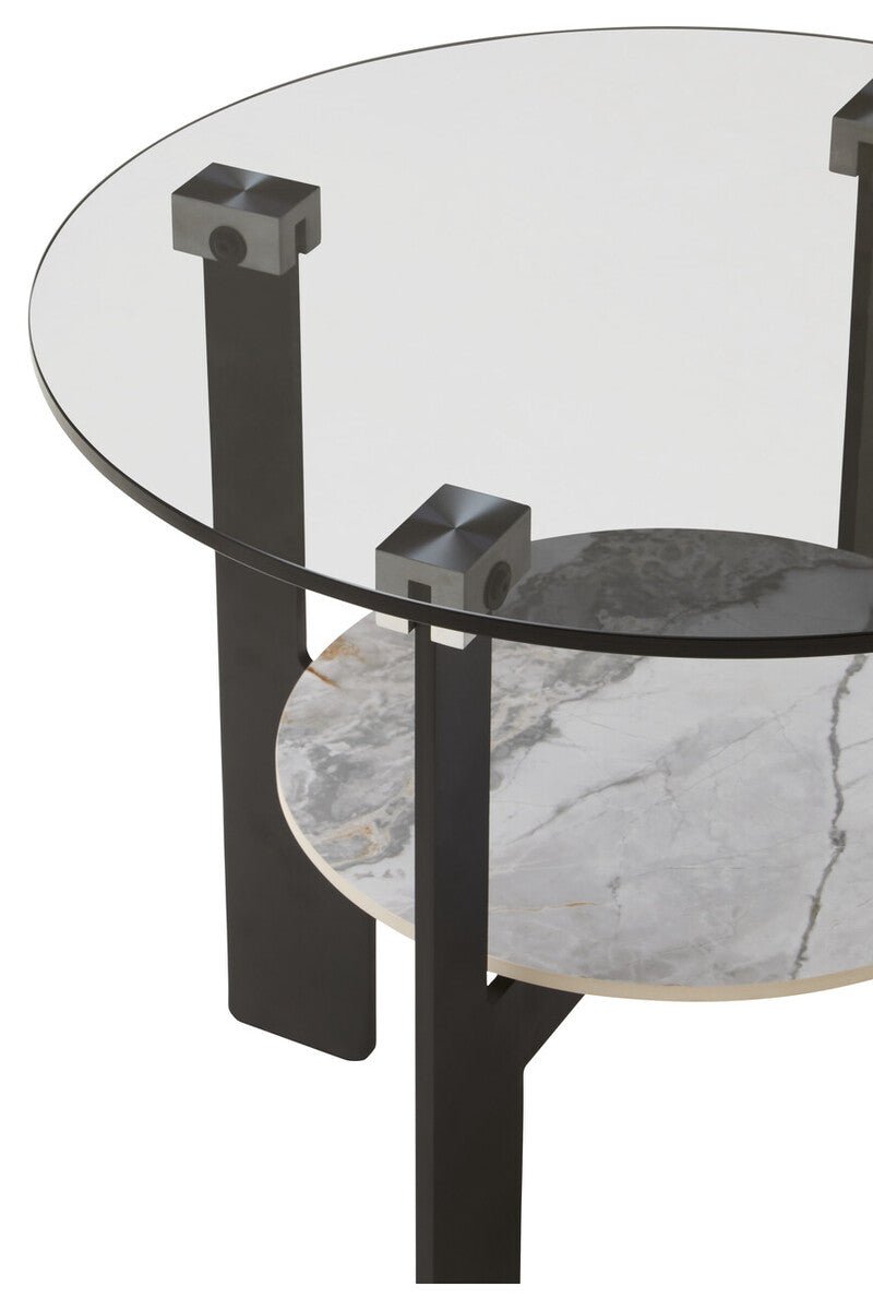 Grey Glass Round Top Coffee Table with Marble Effect Ceramic Shelf and Black Metal Legs, Imperia - Joe’s Haven