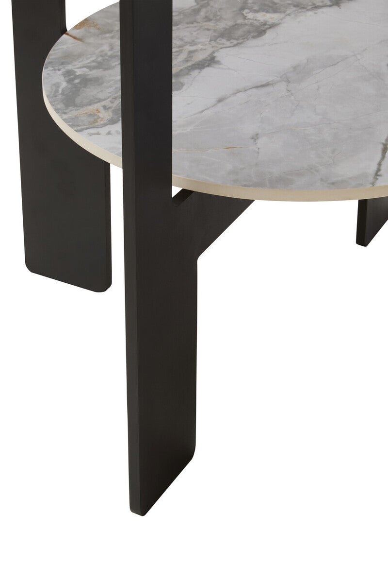 Grey Glass Round Top Coffee Table with Marble Effect Ceramic Shelf and Black Metal Legs, Imperia - Joe’s Haven