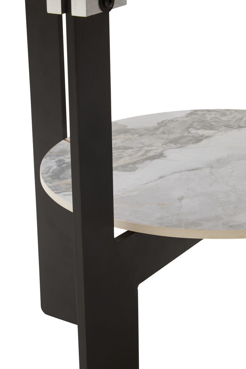 Grey Glass Round Top Coffee Table with Marble Effect Ceramic Shelf and Black Metal Legs, Imperia - Joe’s Haven