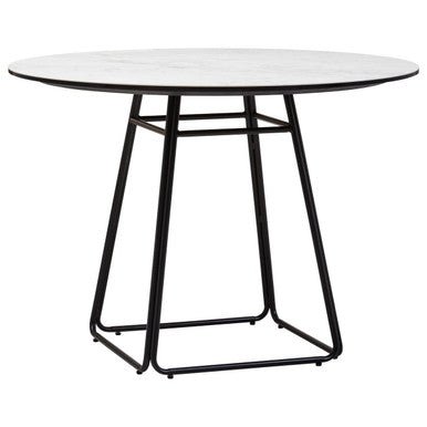 White Ceramic Marble Effect Round Top Dining Table with Black Metal Base, Imperia - Joe’s Haven