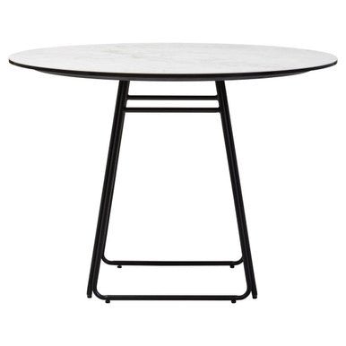 White Ceramic Marble Effect Round Top Dining Table with Black Metal Base, Imperia - Joe’s Haven