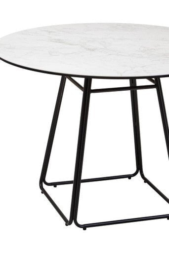 White Ceramic Marble Effect Round Top Dining Table with Black Metal Base, Imperia - Joe’s Haven