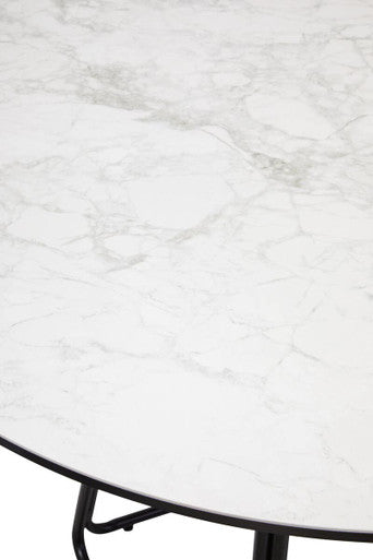 White Ceramic Marble Effect Round Top Dining Table with Black Metal Base, Imperia - Joe’s Haven