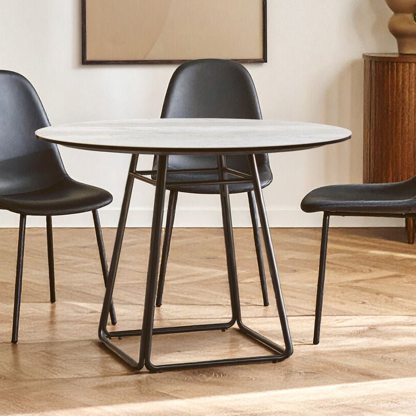 White Ceramic Marble Effect Round Top Dining Table with Black Metal Base, Imperia - Joe’s Haven