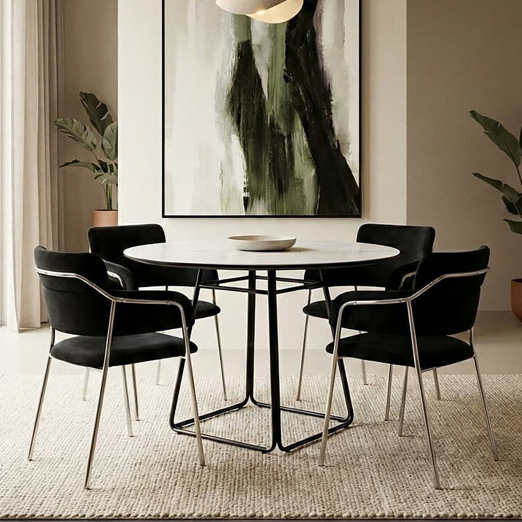 White Ceramic Marble Effect Round Top Dining Table with Black Metal Base, Imperia - Joe’s Haven