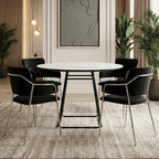 White Ceramic Marble Effect Round Top Dining Table with Black Metal Base, Imperia - Joe’s Haven