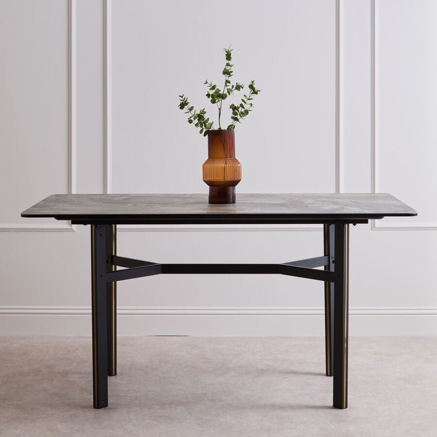 Grey Marble Effect Ceramic Top Dining Table with Black Metal Legs and Gold Detail, Imperia - Joe’s Haven