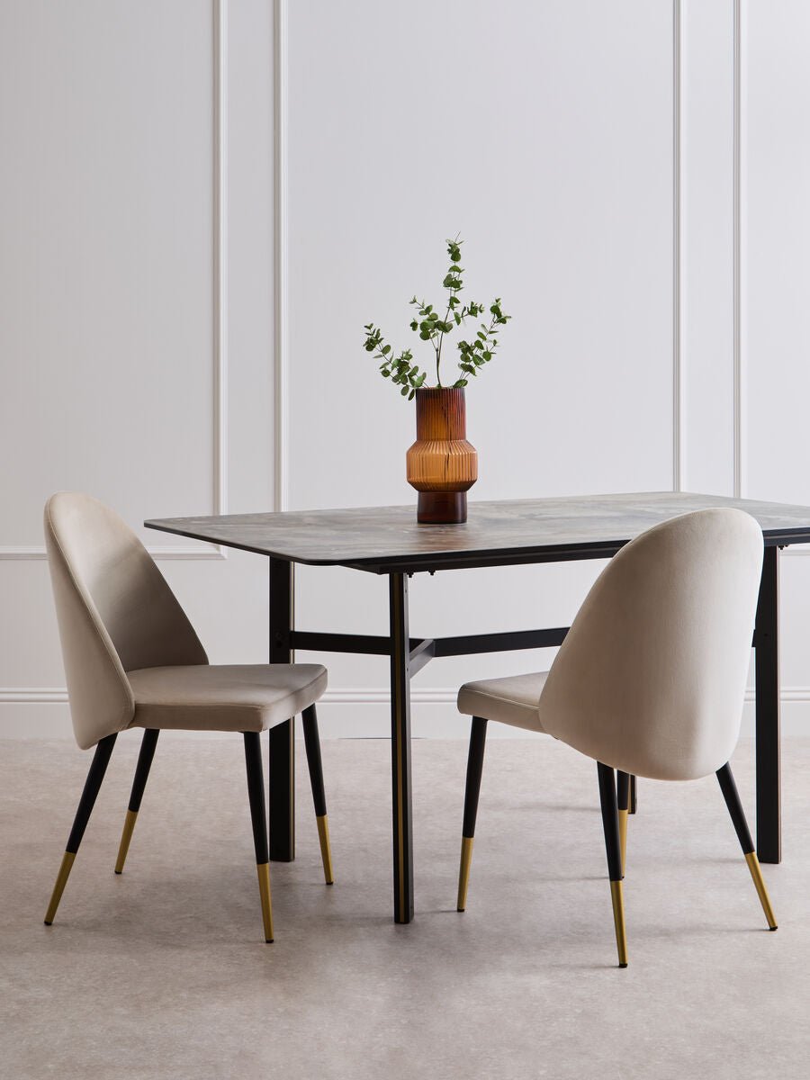 Grey Marble Effect Ceramic Top Dining Table with Black Metal Legs and Gold Detail, Imperia - Joe’s Haven