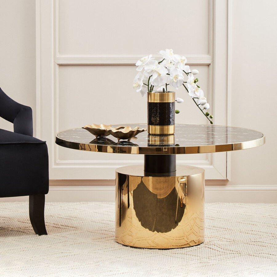 Black Marble Effect Glass Top Coffee Table with Gold Finish Base, Oria - Joe’s Haven