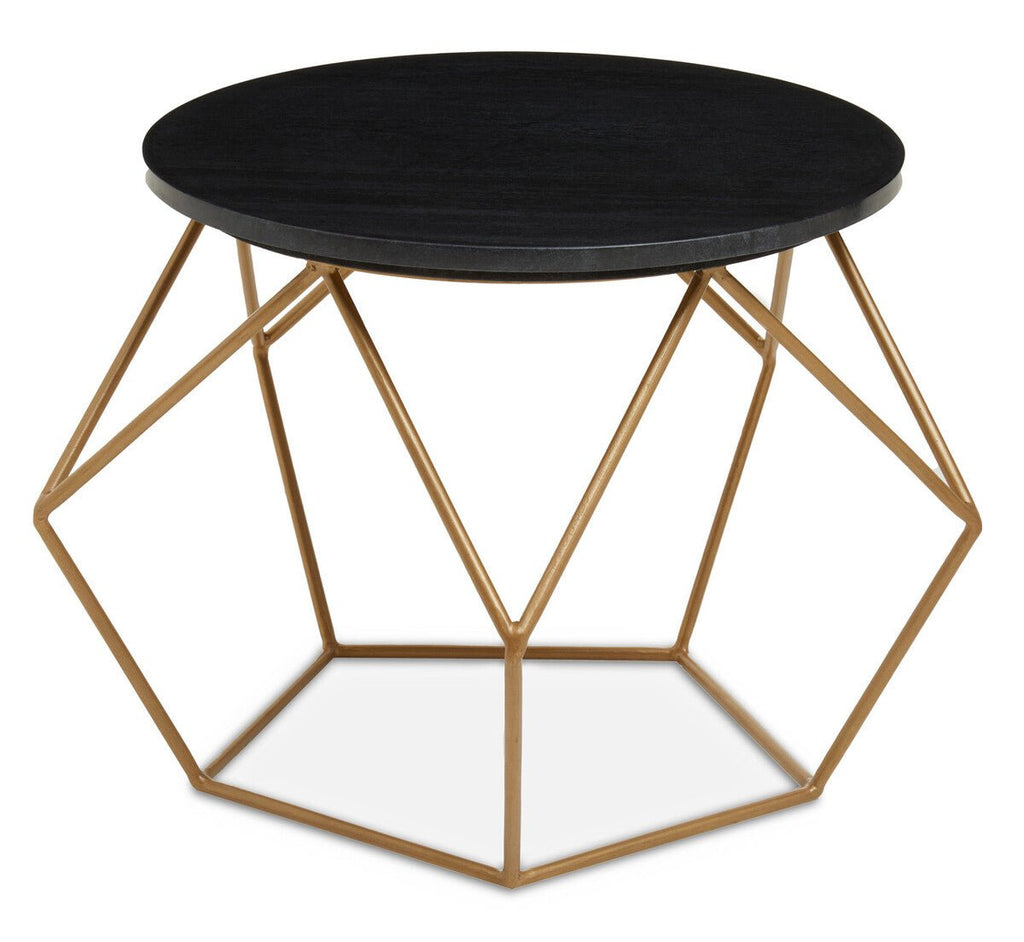 Black Round Marble Top Coffee Table with Matte Gold Finish Geometric Metal Frame, Varana - Joe’s Haven