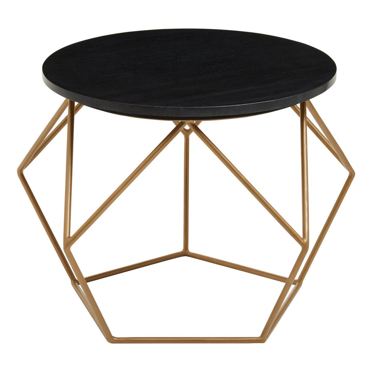 Black Round Marble Top Coffee Table with Matte Gold Finish Geometric Metal Frame, Varana - Joe’s Haven