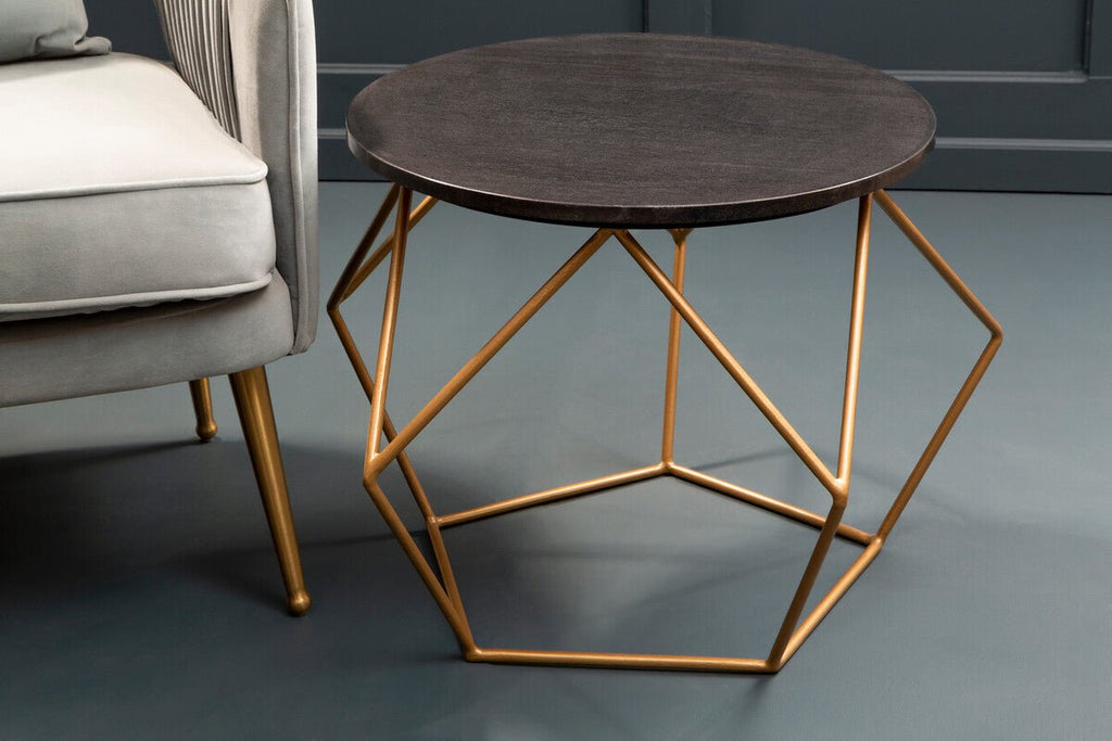Black Round Marble Top Coffee Table with Matte Gold Finish Geometric Metal Frame, Varana - Joe’s Haven