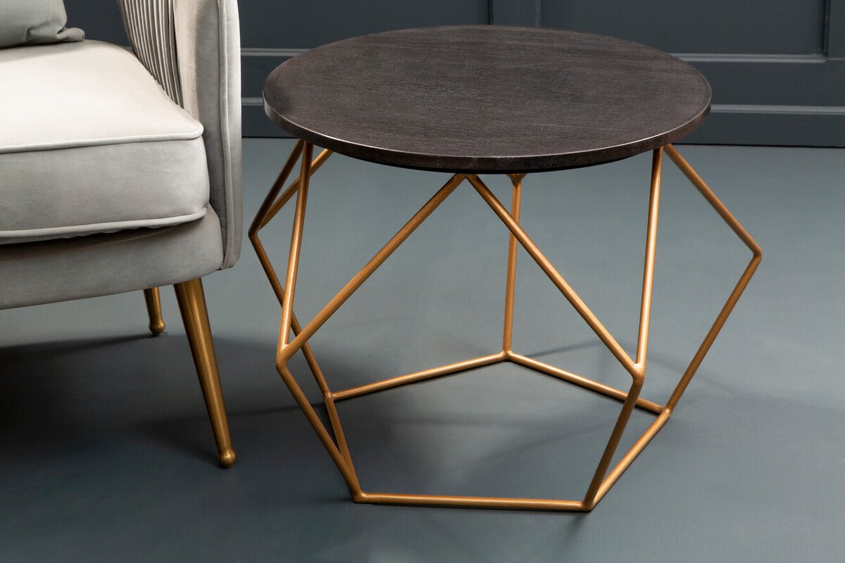 Black Round Marble Top Coffee Table with Matte Gold Finish Geometric Metal Frame, Varana - Joe’s Haven