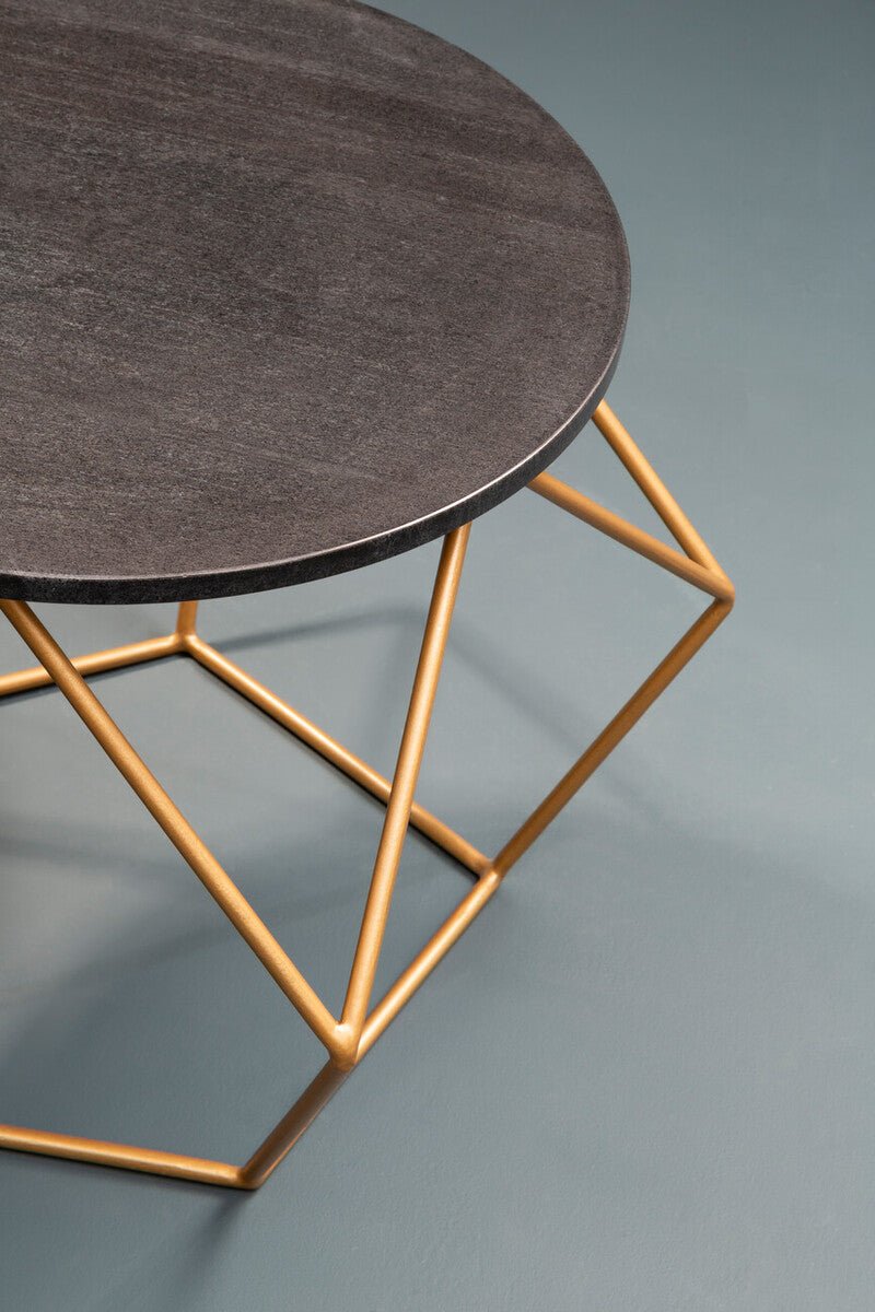 Black Round Marble Top Coffee Table with Matte Gold Finish Geometric Metal Frame, Varana - Joe’s Haven