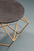 Black Round Marble Top Coffee Table with Matte Gold Finish Geometric Metal Frame, Varana - Joe’s Haven