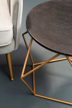Black Round Marble Top Coffee Table with Matte Gold Finish Geometric Metal Frame, Varana - Joe’s Haven
