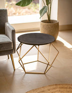 Black Round Marble Top Coffee Table with Matte Gold Finish Geometric Metal Frame, Varana - Joe’s Haven
