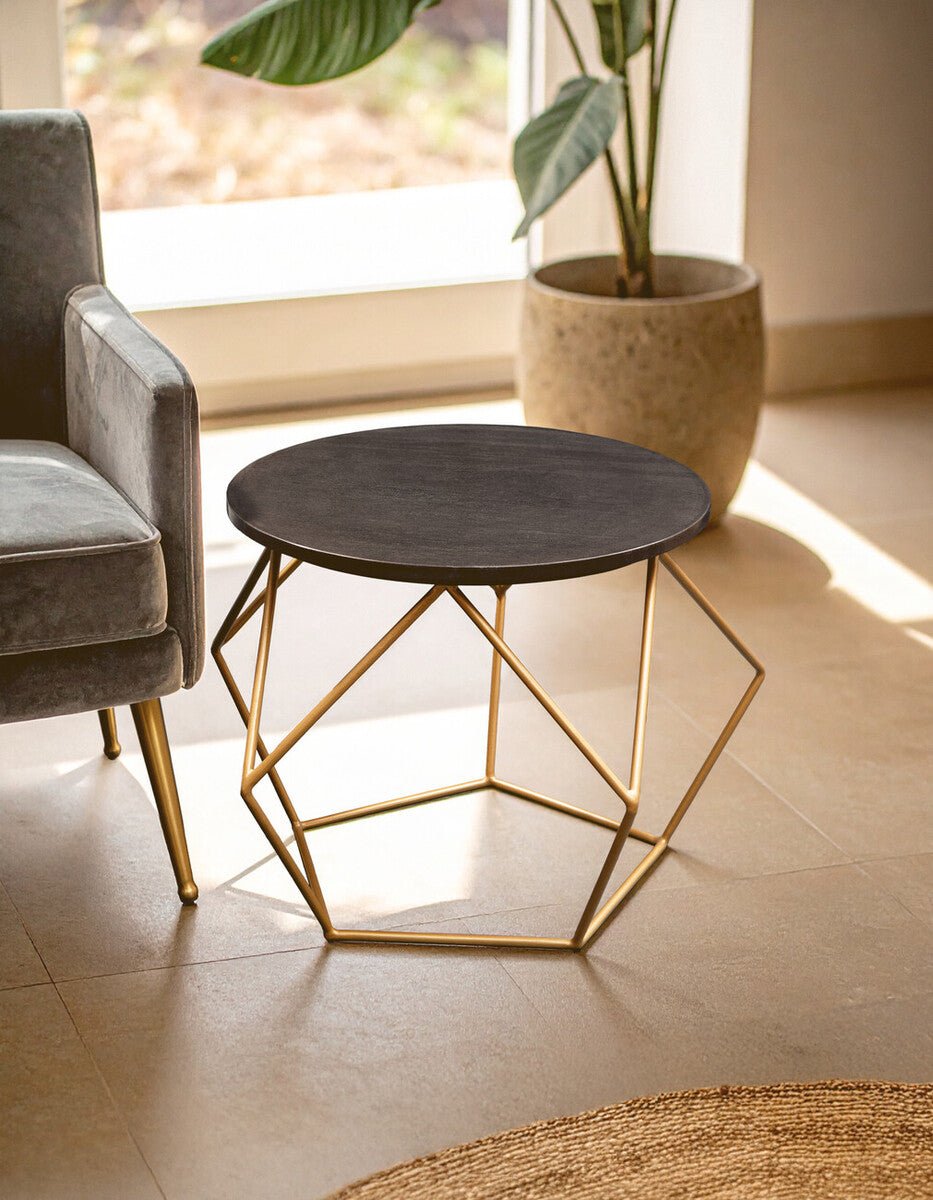 Black Round Marble Top Coffee Table with Matte Gold Finish Geometric Metal Frame, Varana - Joe’s Haven