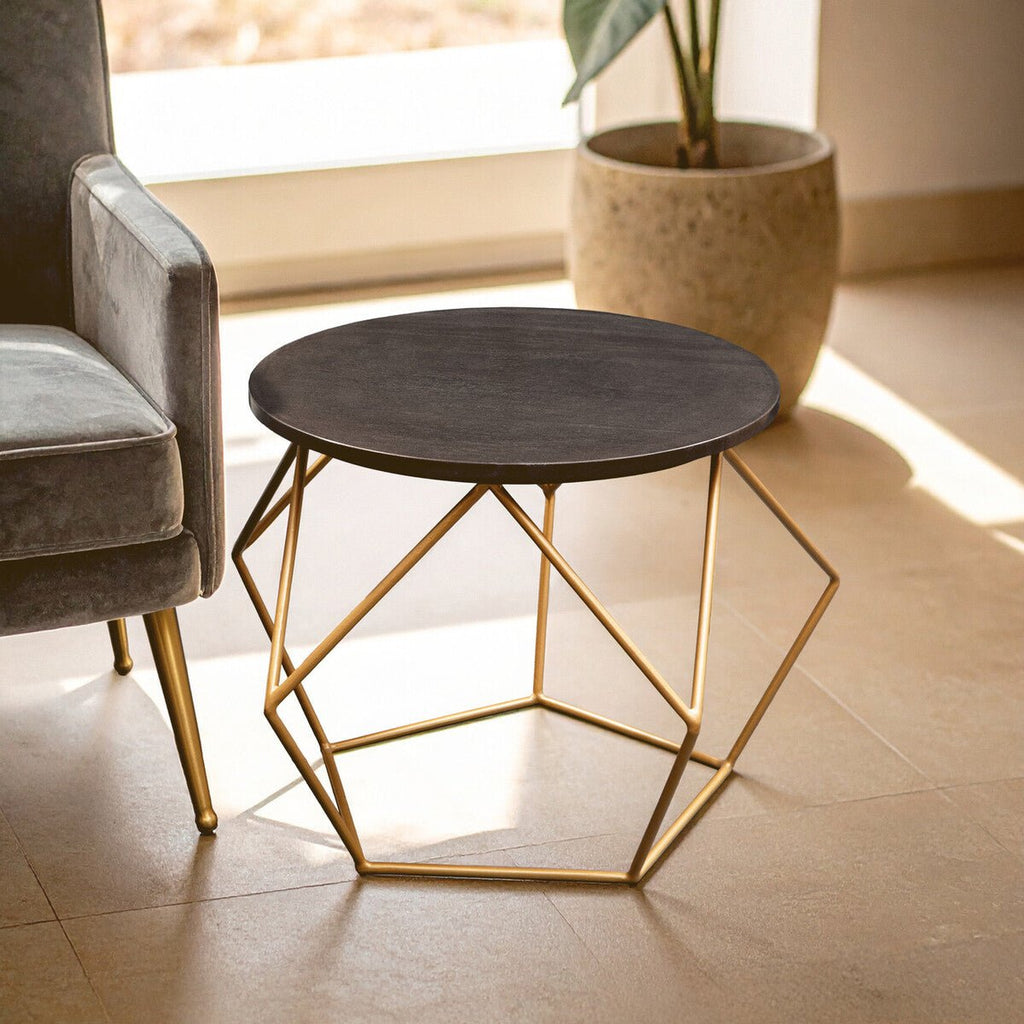 Black Round Marble Top Coffee Table with Matte Gold Finish Geometric Metal Frame, Varana - Joe’s Haven