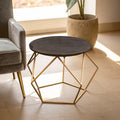 Black Round Marble Top Coffee Table with Matte Gold Finish Geometric Metal Frame, Varana - Joe’s Haven