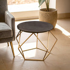 Black Round Marble Top Coffee Table with Matte Gold Finish Geometric Metal Frame, Varana - Joe’s Haven