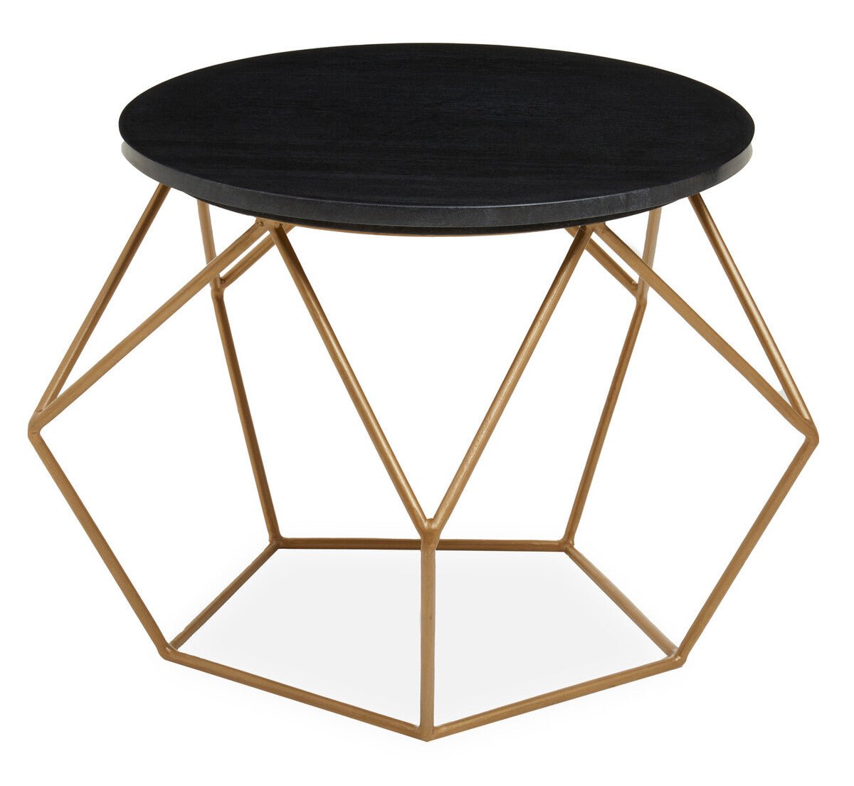 Black Round Marble Top Coffee Table with Matte Gold Finish Geometric Metal Frame, Varana - Joe’s Haven