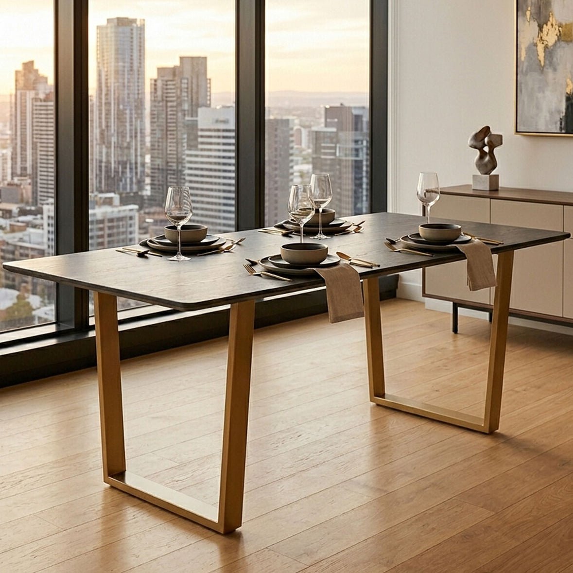 Black Marble Rectangular Dining Table with Geometric Gold Finish Steel Base | Varana - Joe’s Haven