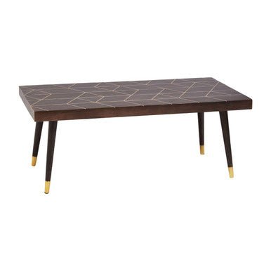Brown Mango Wood Rectangular Coffee Table with Gold Tip Legs and Geometric Gold Lines on Top, Naro - Joe’s Haven