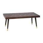 Brown Mango Wood Rectangular Coffee Table with Gold Tip Legs and Geometric Gold Lines on Top, Naro - Joe’s Haven