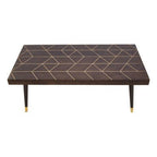 Brown Mango Wood Rectangular Coffee Table with Gold Tip Legs and Geometric Gold Lines on Top, Naro - Joe’s Haven