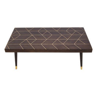 Brown Mango Wood Rectangular Coffee Table with Gold Tip Legs and Geometric Gold Lines on Top, Naro - Joe’s Haven